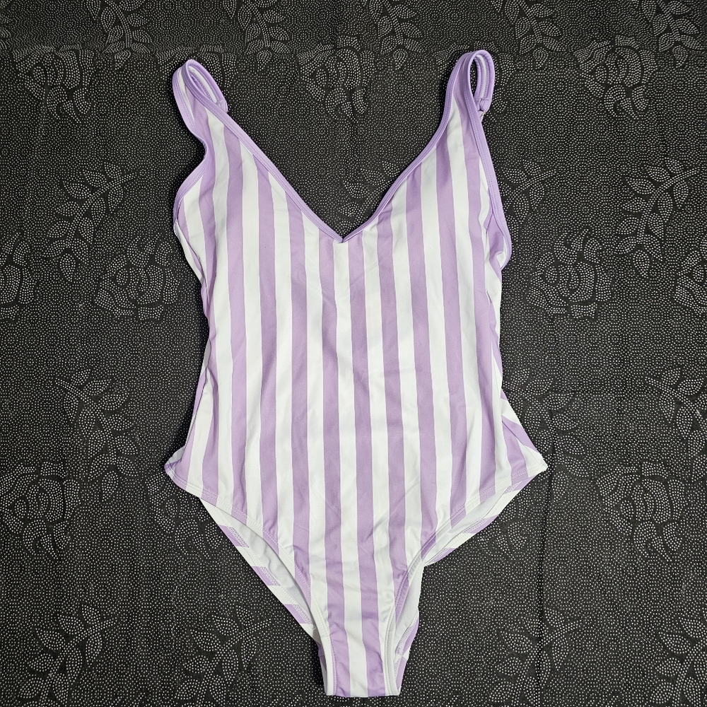 Kona Sol Lavender and White Striped One-Piece Swimsuit